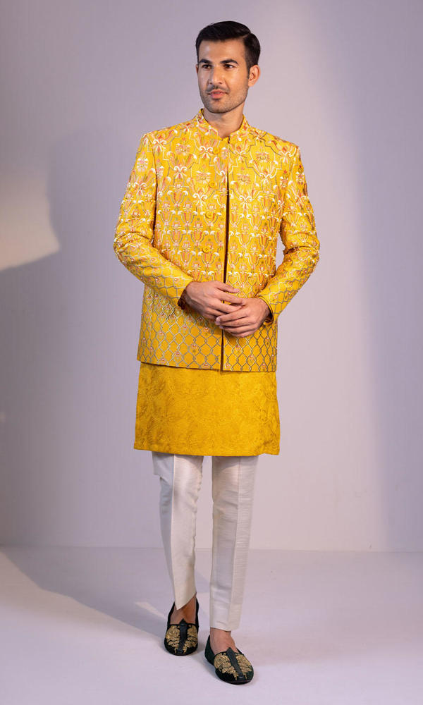 Bright Yellow Embroidered Silk-Blend Prince Coat (3-Piece) - Image 5