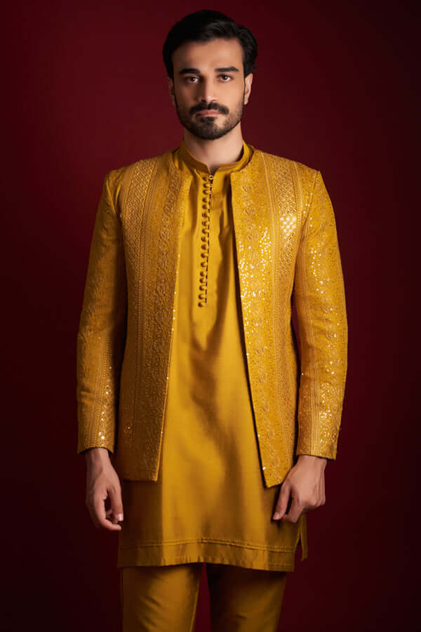 Mustard Resham & Sequin Silk-Blend Prince Coat (3-Piece) - Image 1