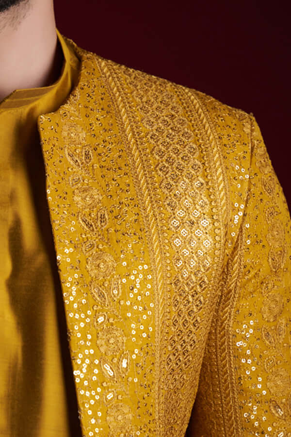 Mustard Resham & Sequin Silk-Blend Prince Coat (3-Piece) - Image 2
