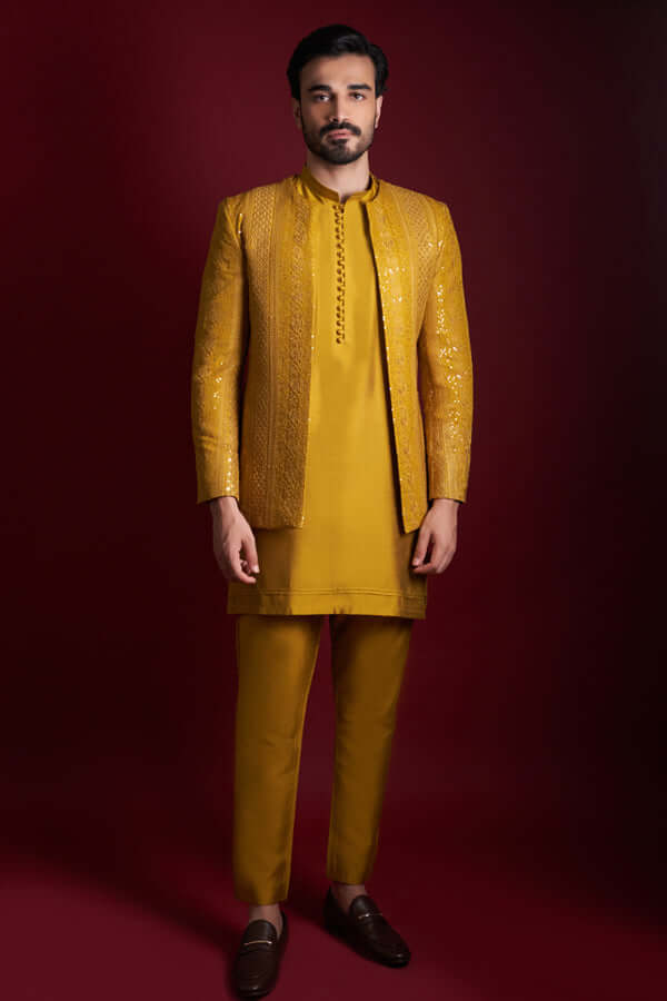 Mustard Resham & Sequin Silk-Blend Prince Coat (3-Piece) - Image 4