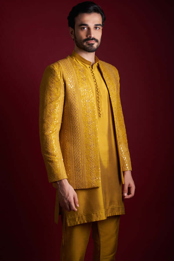 Mustard Resham & Sequin Silk-Blend Prince Coat (3-Piece) - Image 6