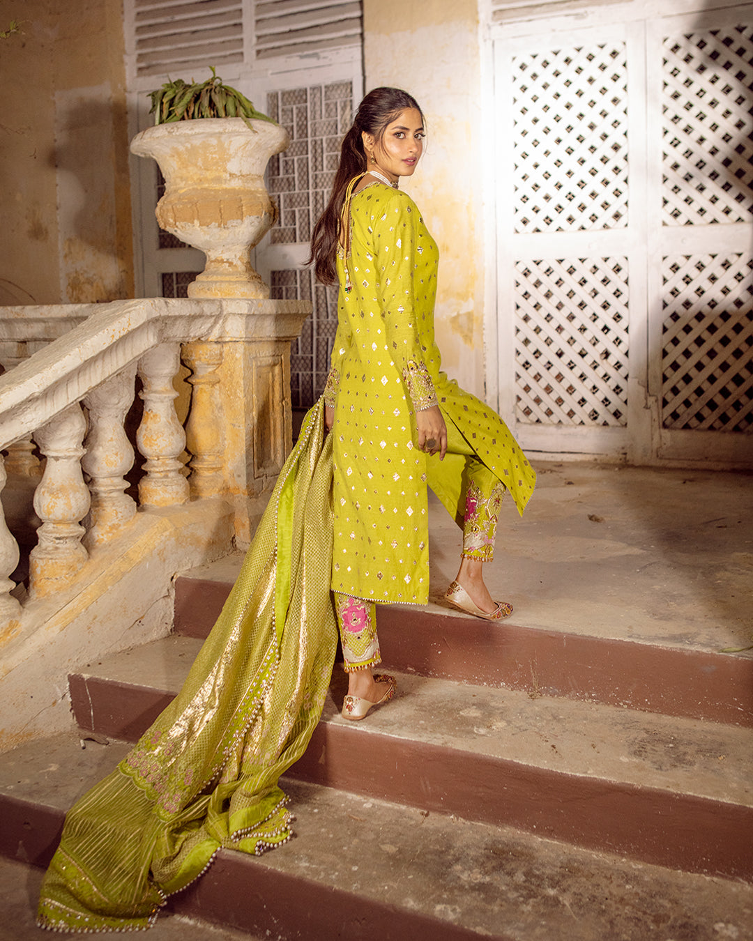 Pakistani Lime Yellow Embroidered Badla Karandi Salwar Kameez (3-Piece) - Image 2