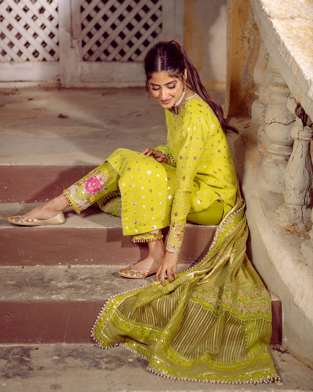 Pakistani Lime Yellow Embroidered Badla Karandi Salwar Kameez (3-Piece) - Image 4