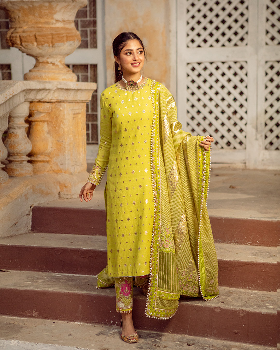 Lime Yellow Embroidered Badla Karandi Salwar Kameez (3-Piece) - Image 1