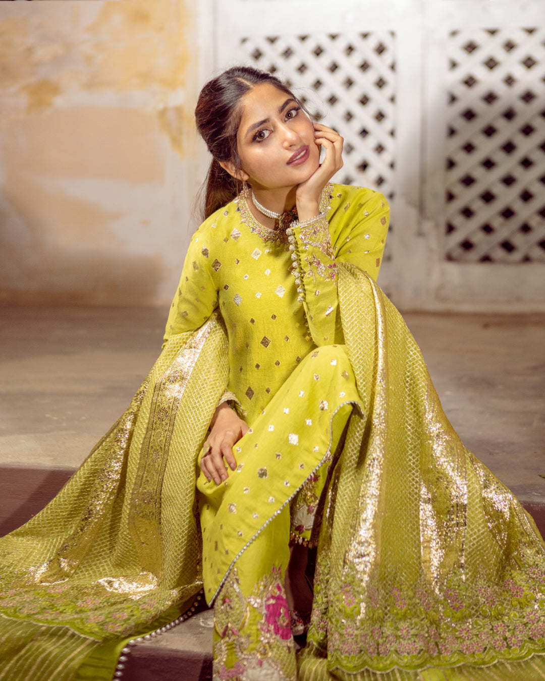 Lime Yellow Embroidered Badla Karandi Salwar Kameez (3-Piece) - Image 3