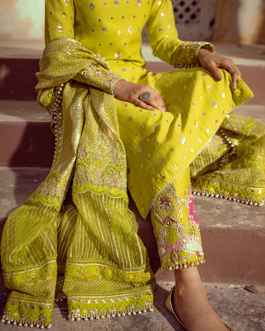 Lime Yellow Embroidered Badla Karandi Salwar Kameez (3-Piece) - Image 5