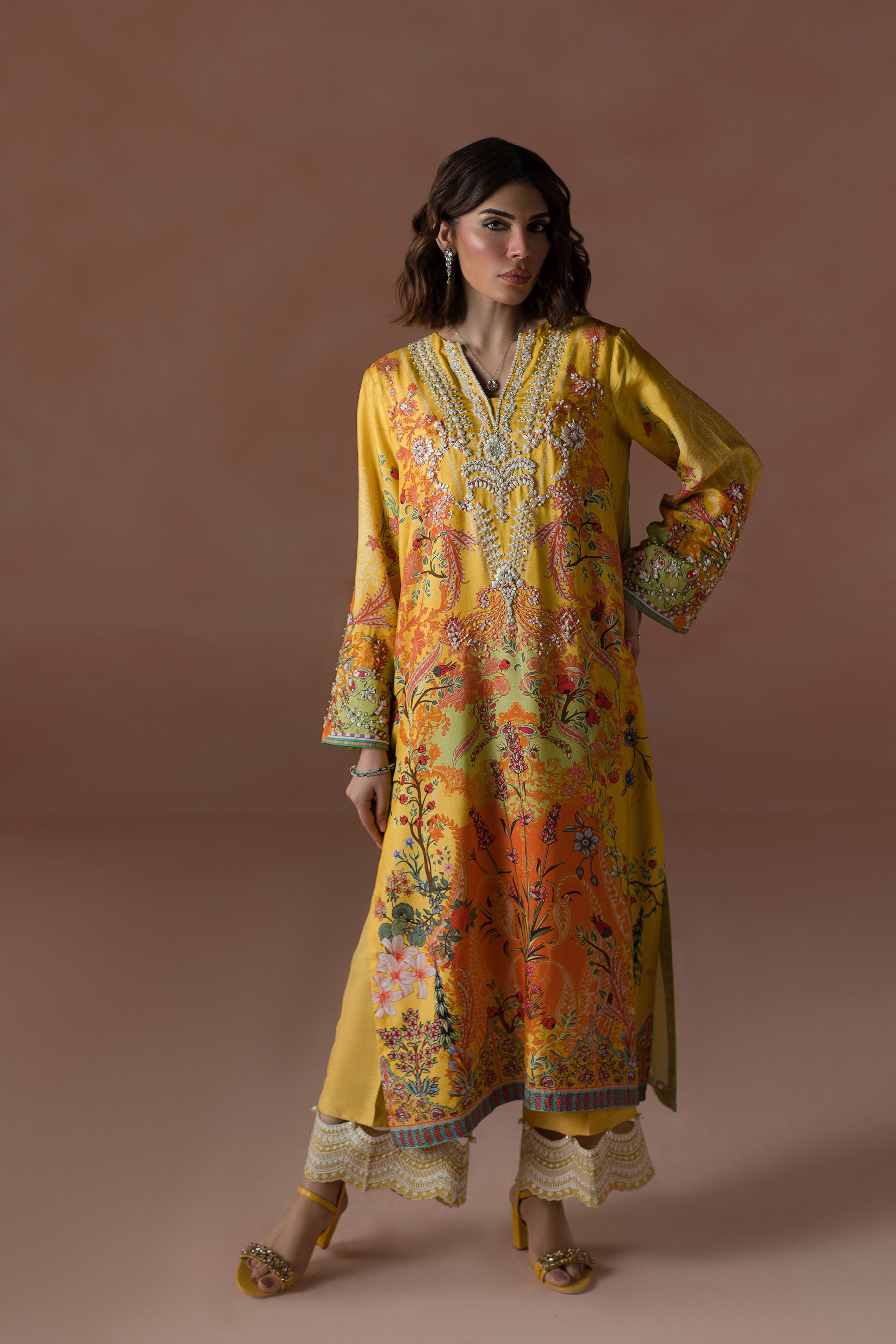 Mango Yellow Embroidered Silk Salwar Kameez (3-Piece) - Image 1