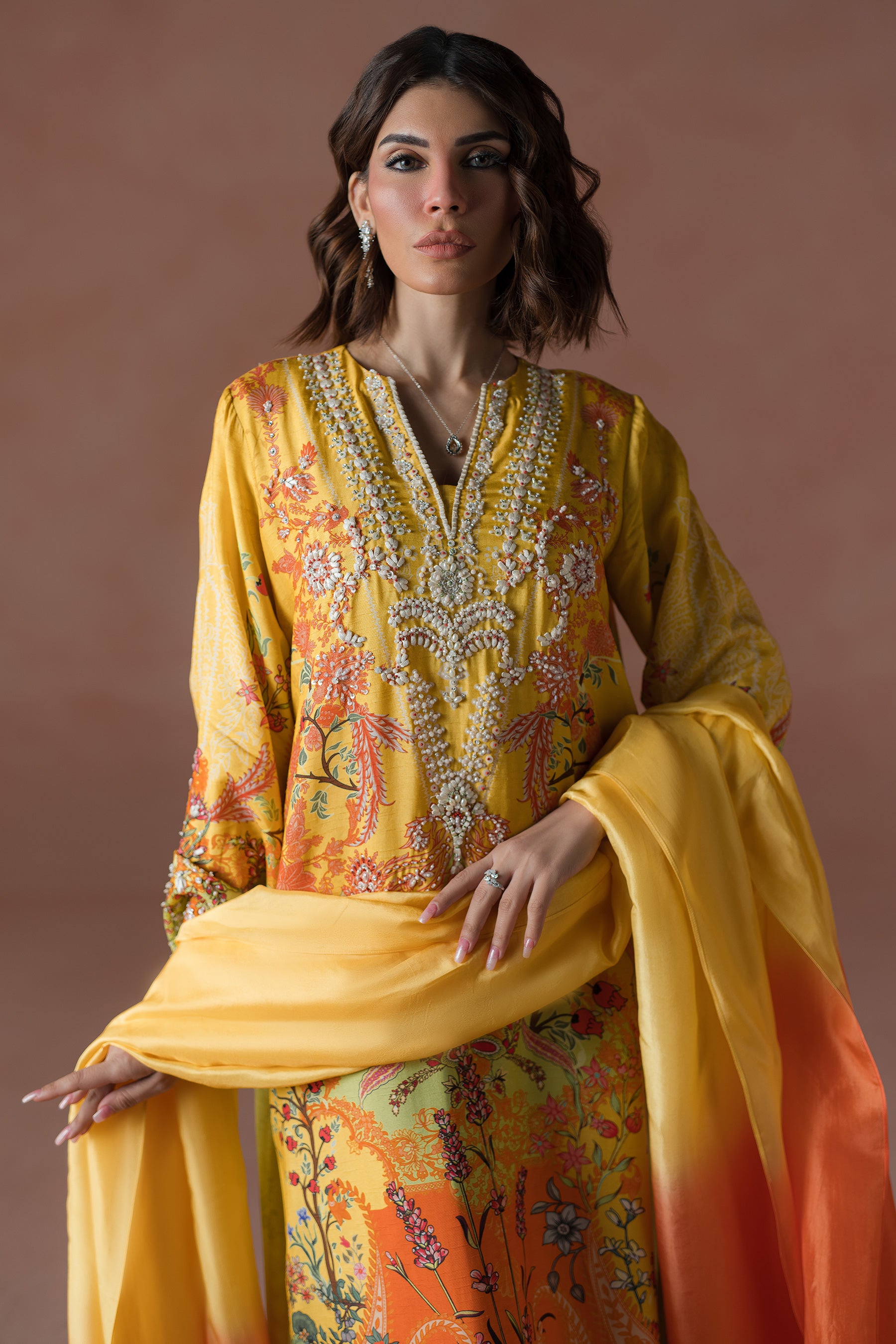 Mango Yellow Embroidered Silk Salwar Kameez (3-Piece) - Image 2