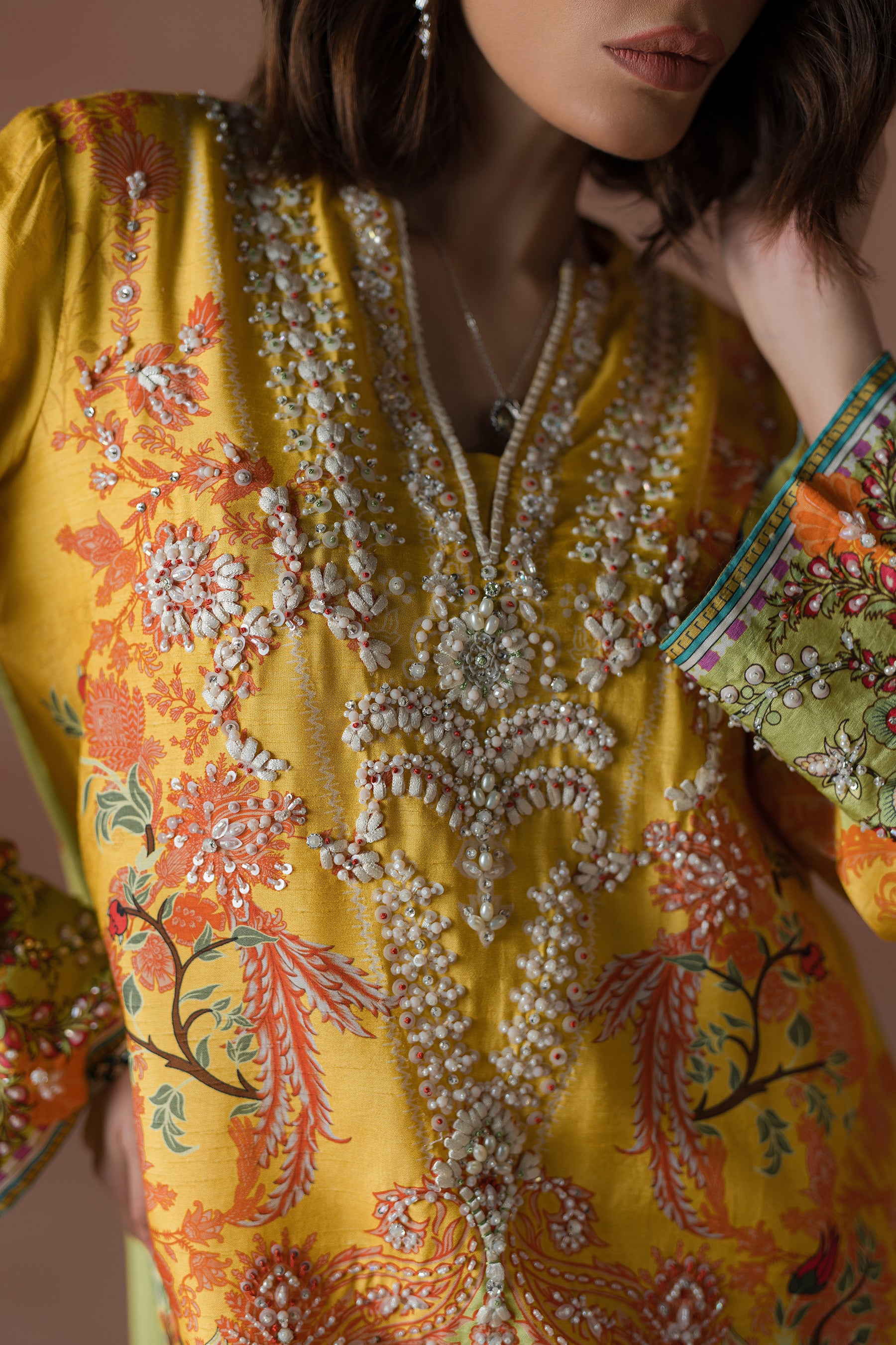 Mango Yellow Embroidered Silk Salwar Kameez (3-Piece) - Image 3