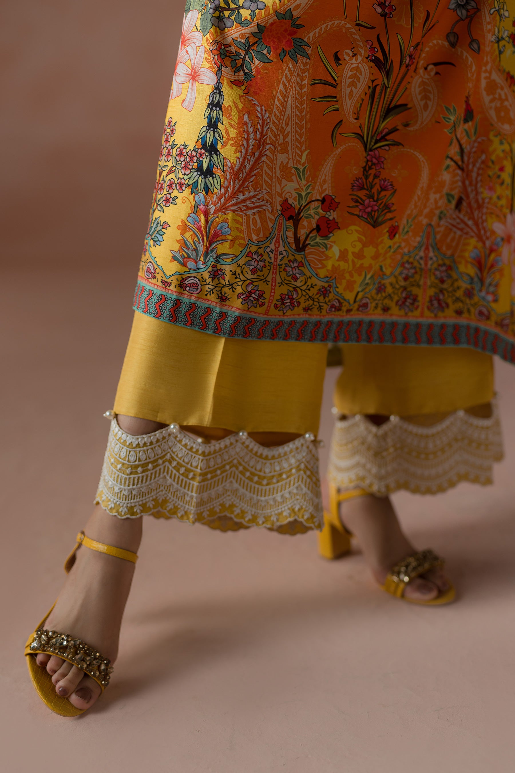 Mango Yellow Embroidered Silk Salwar Kameez (3-Piece) - Image 4
