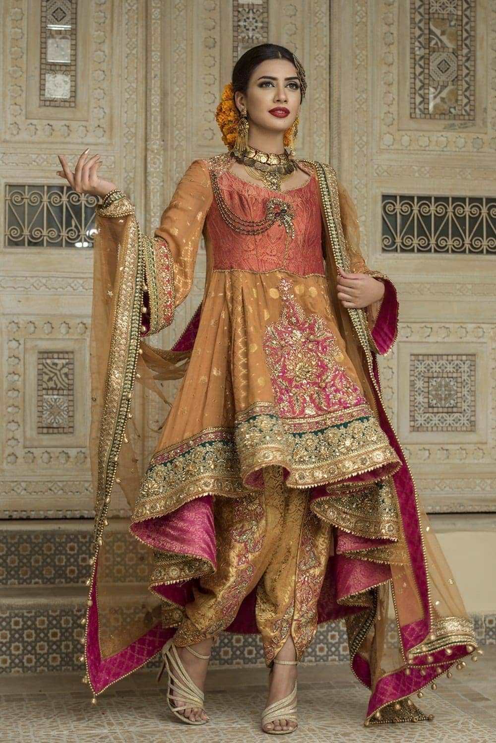 Turmeric Yellow Zardozi Booti Chiffon Salwar Kameez (3-Piece) - Image 1