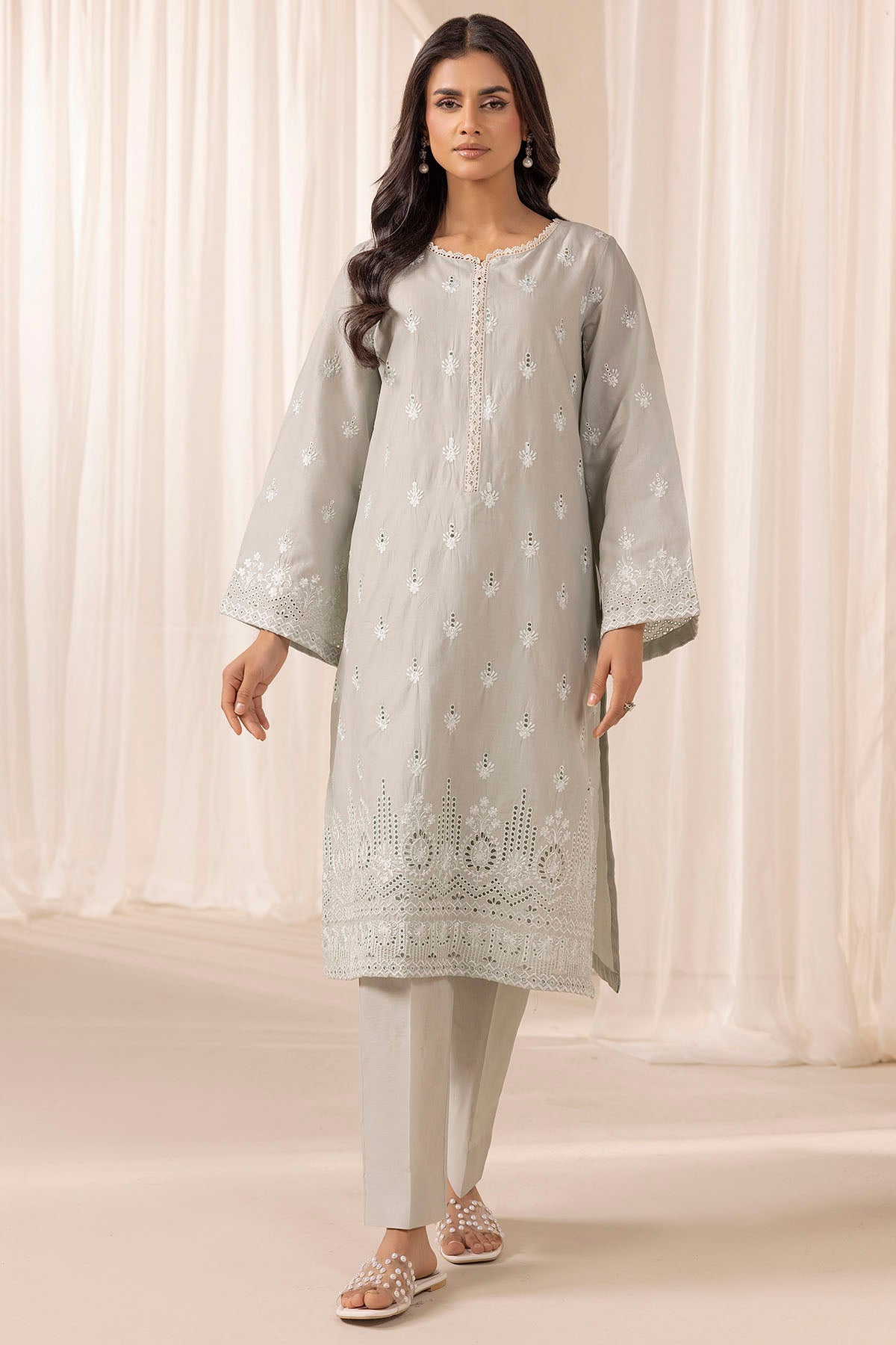 Pakistani Citrine Schiffli Embroidered Cambric Lawn Salwar Kameez (2-Piece) - Image 1