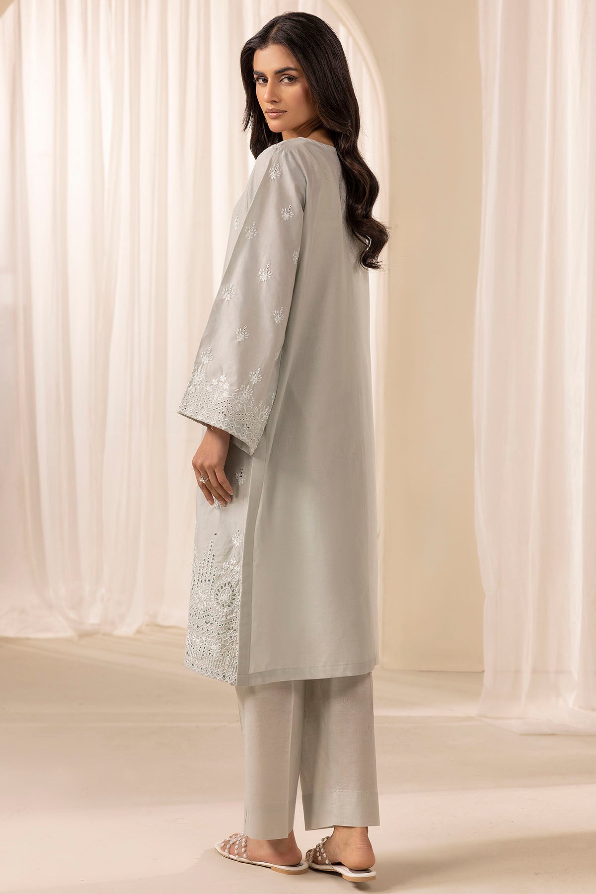 Pakistani Citrine Schiffli Embroidered Cambric Lawn Salwar Kameez (2-Piece) - Image 3