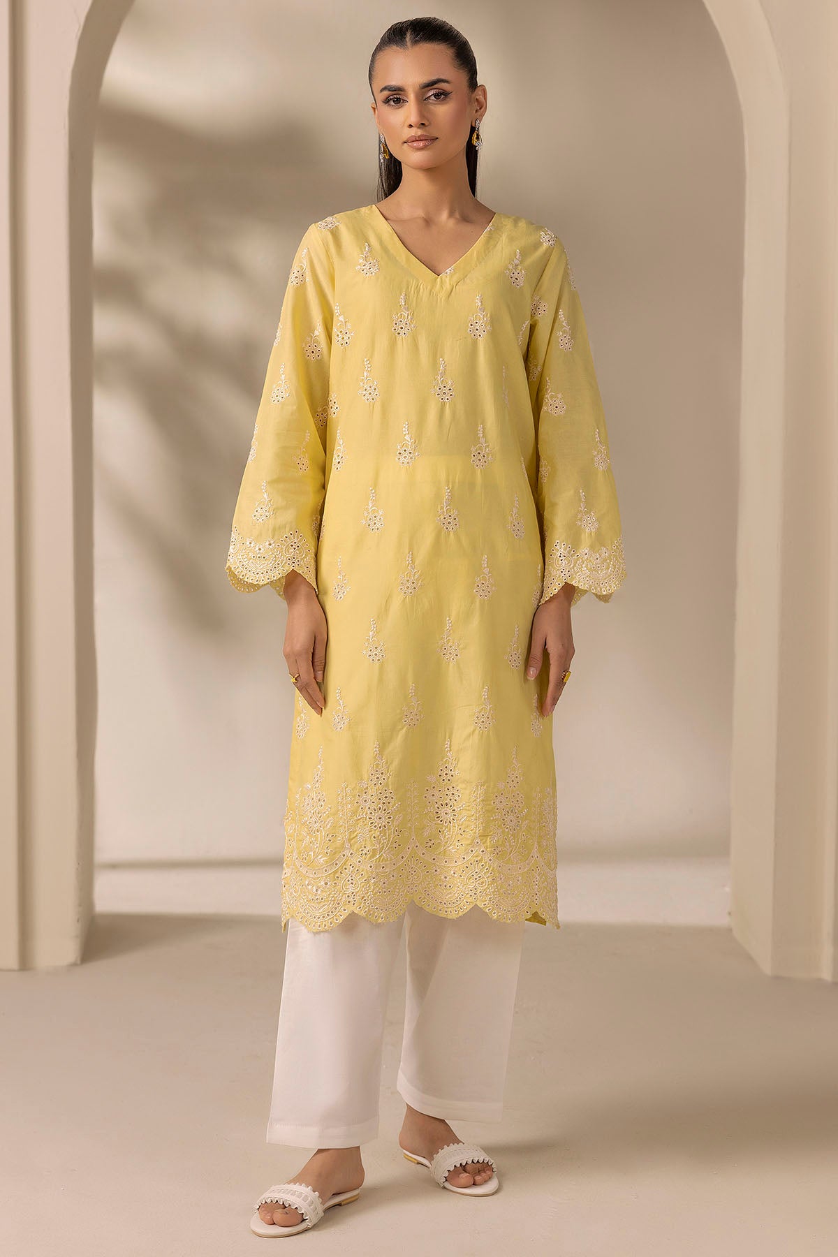 Topaz Yellow Schiffli Embroidered Cambric Lawn Shirt (1-Pc) - Image 1