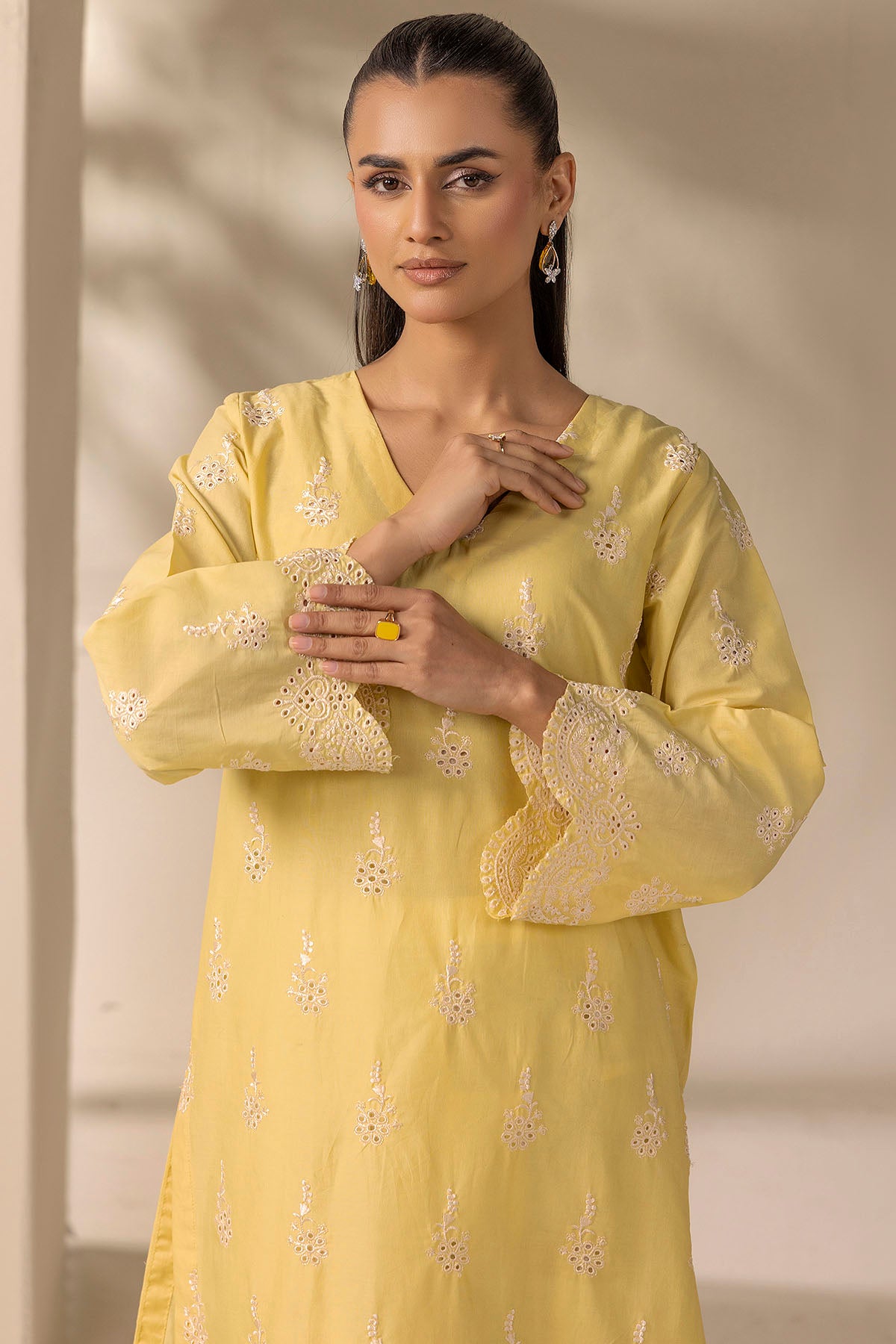 Topaz Yellow Schiffli Embroidered Cambric Lawn Shirt (1-Pc) - Image 2