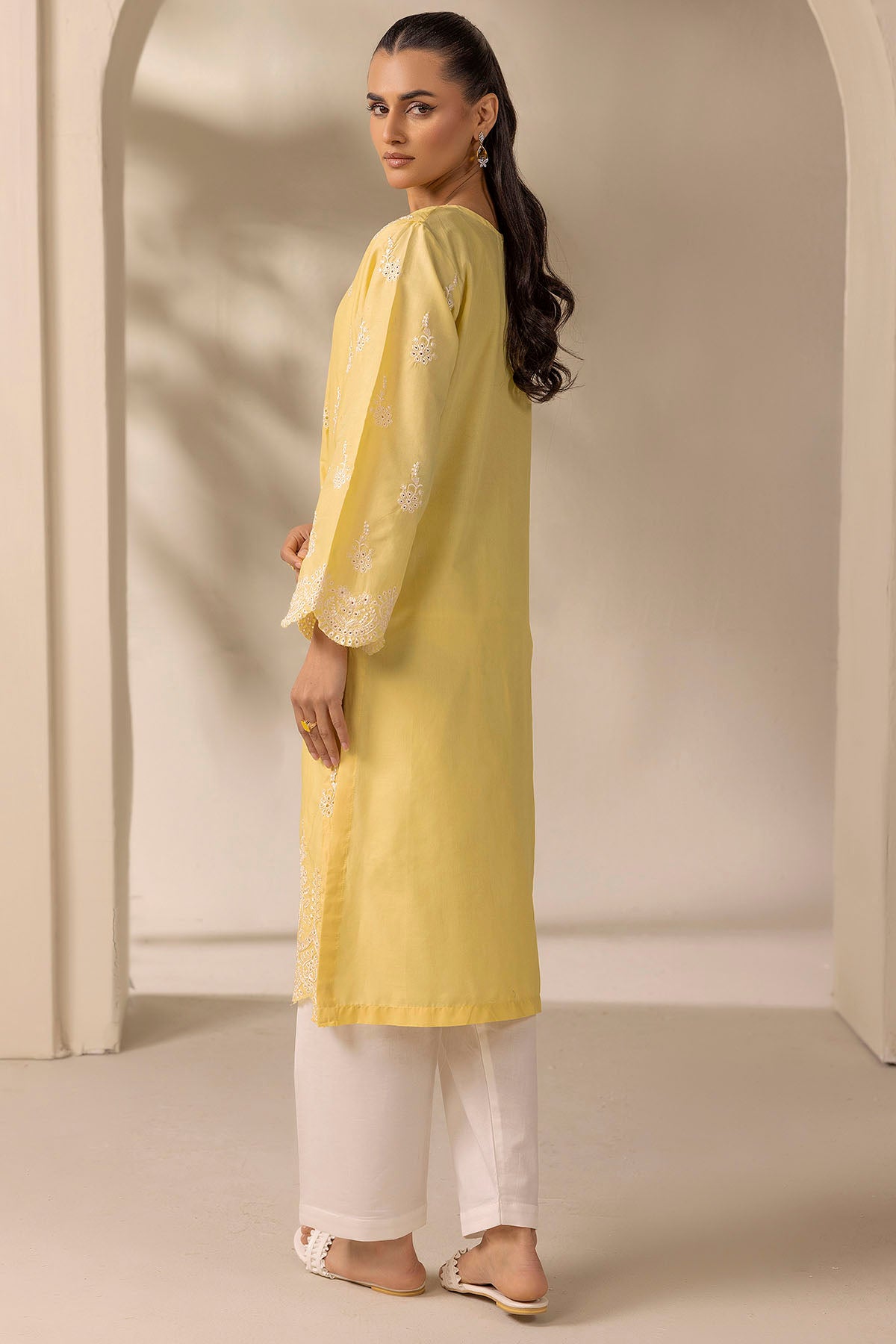 Topaz Yellow Schiffli Embroidered Cambric Lawn Shirt (1-Pc) - Image 3