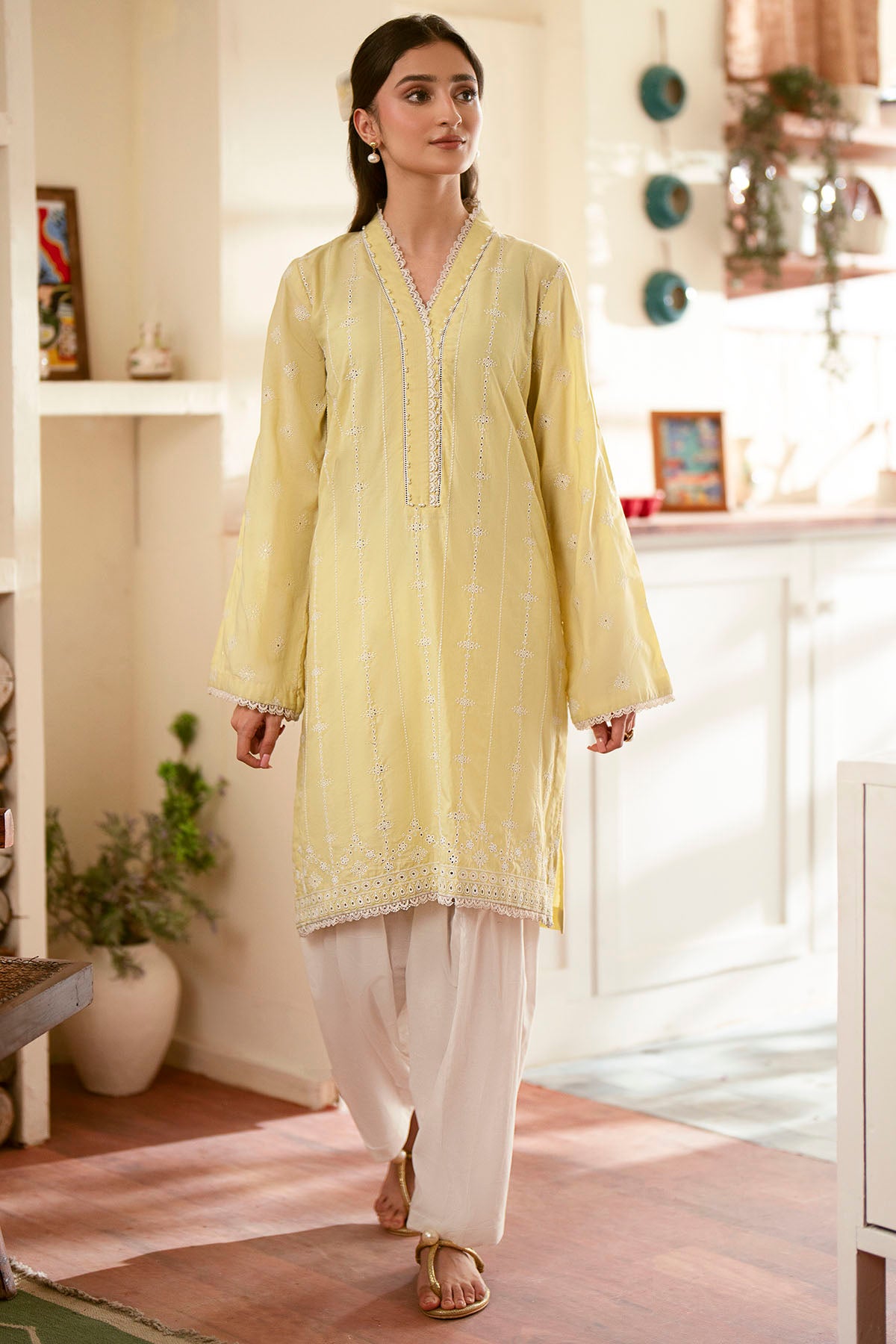 Pakistani Lemon Yellow Schiffli Embroidered Cambric Lawn Salwar Kameez (2-Piece) - Image 1