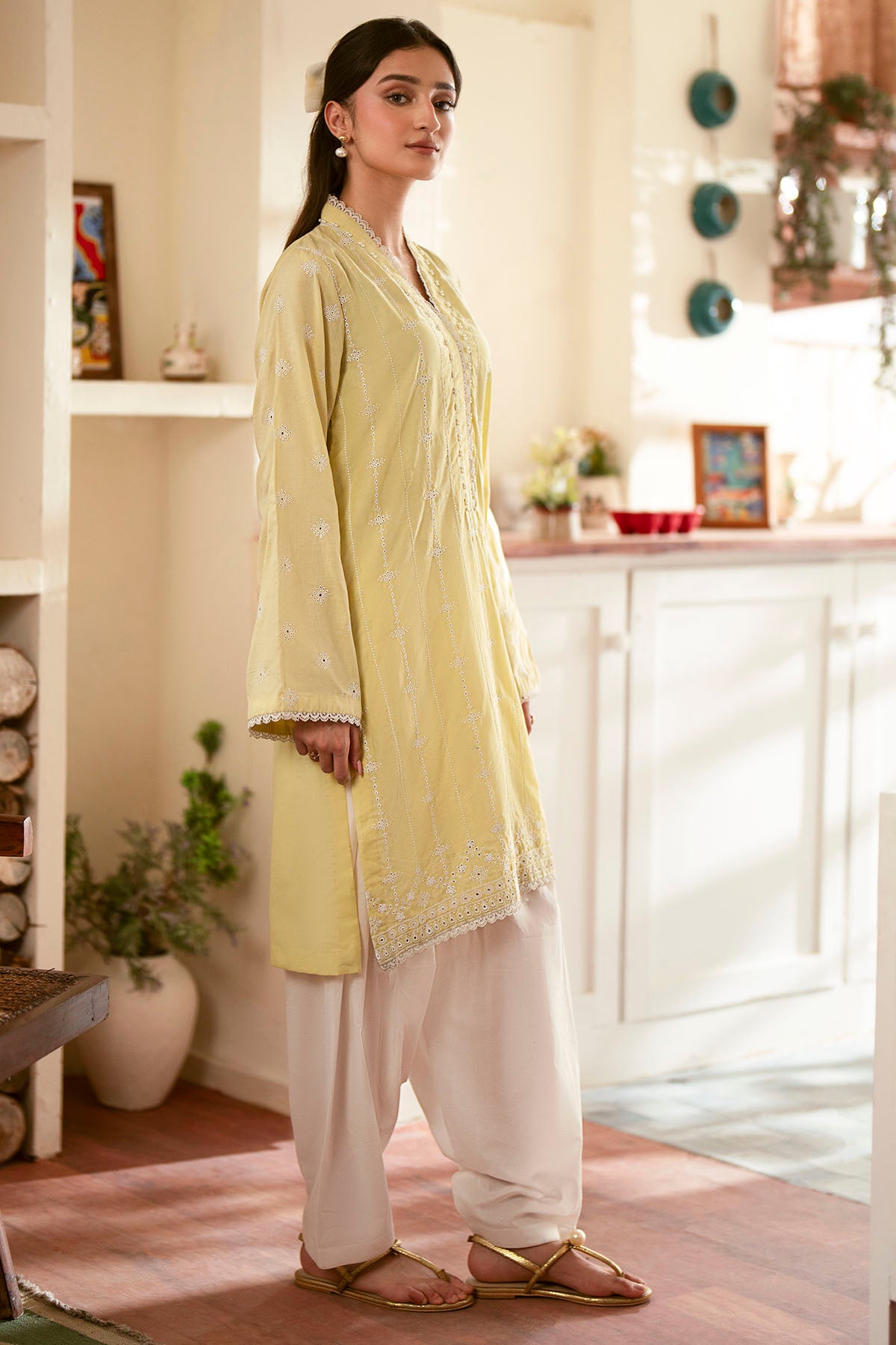 Pakistani Lemon Yellow Schiffli Embroidered Cambric Lawn Salwar Kameez (2-Piece) - Image 2