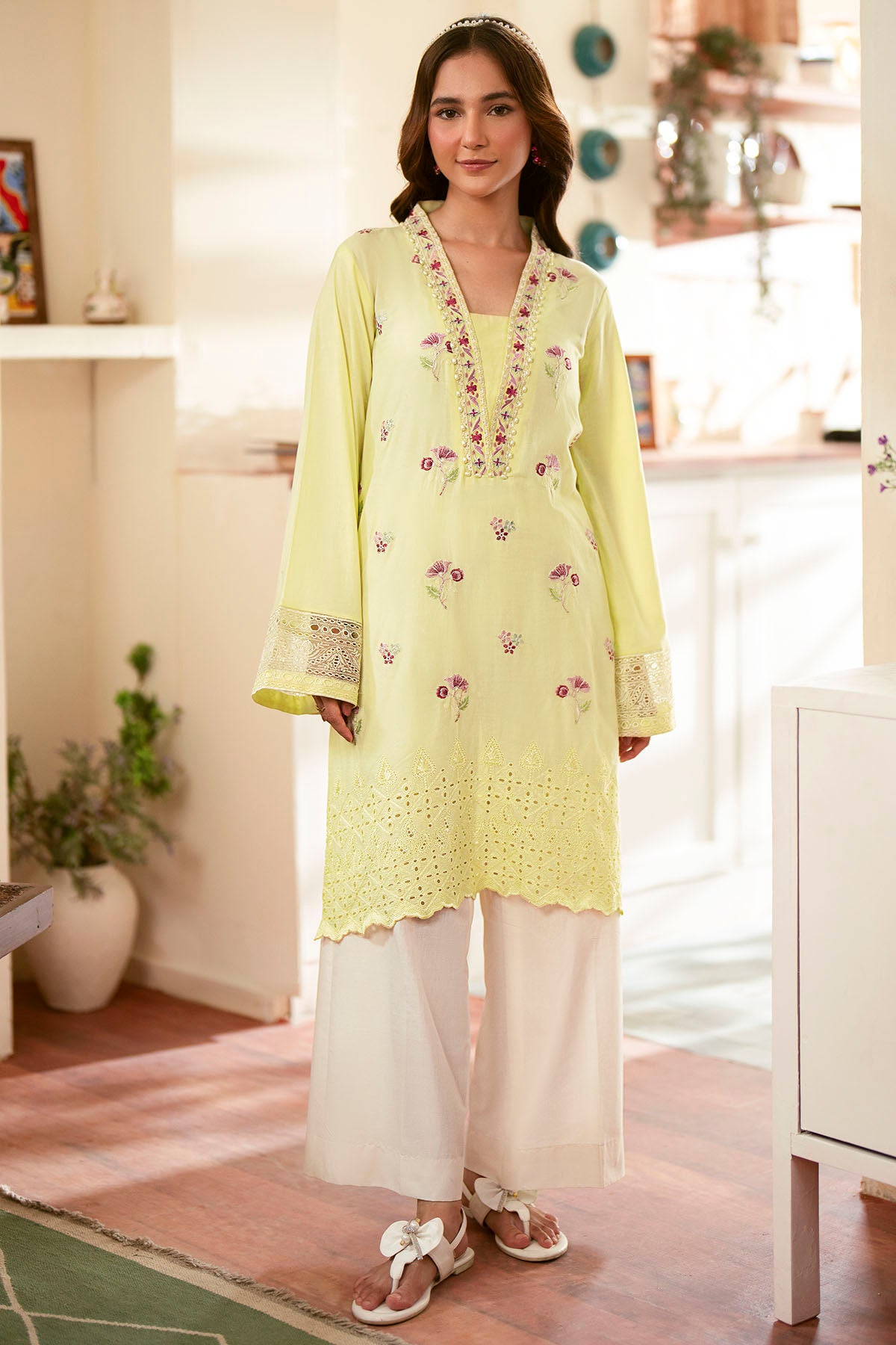 Lemon Yellow Schiffli Embroidered Cambric Lawn Shirt (1-Pc) - Image 1