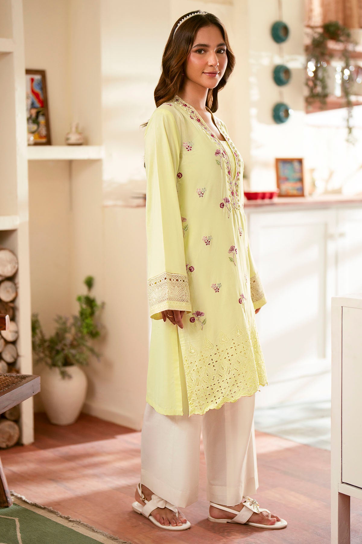 Lemon Yellow Schiffli Embroidered Cambric Lawn Shirt (1-Pc) - Image 2