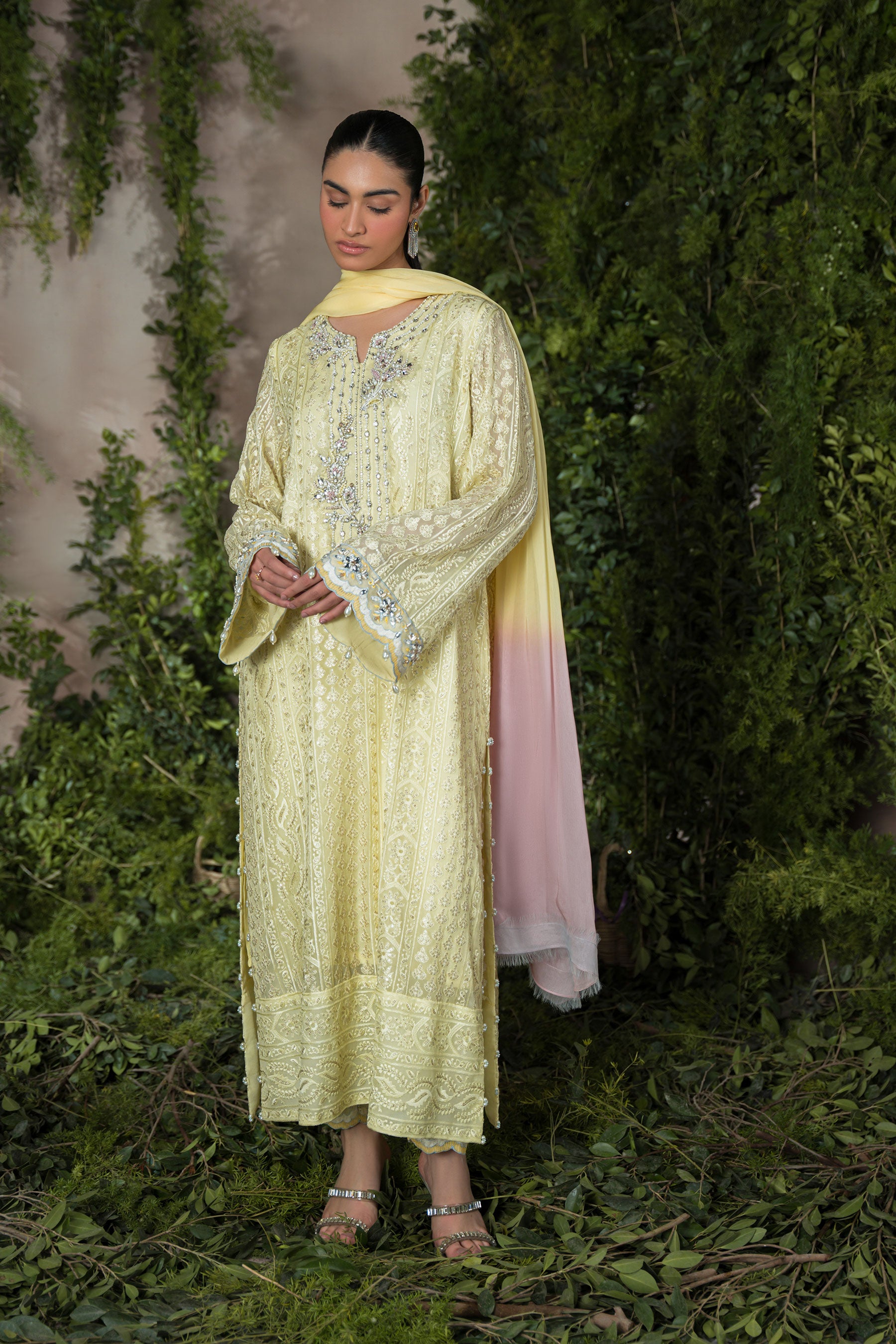 Spring Yellow Chikankari Chiffon Salwar Kameez (4-Piece) - Image 1