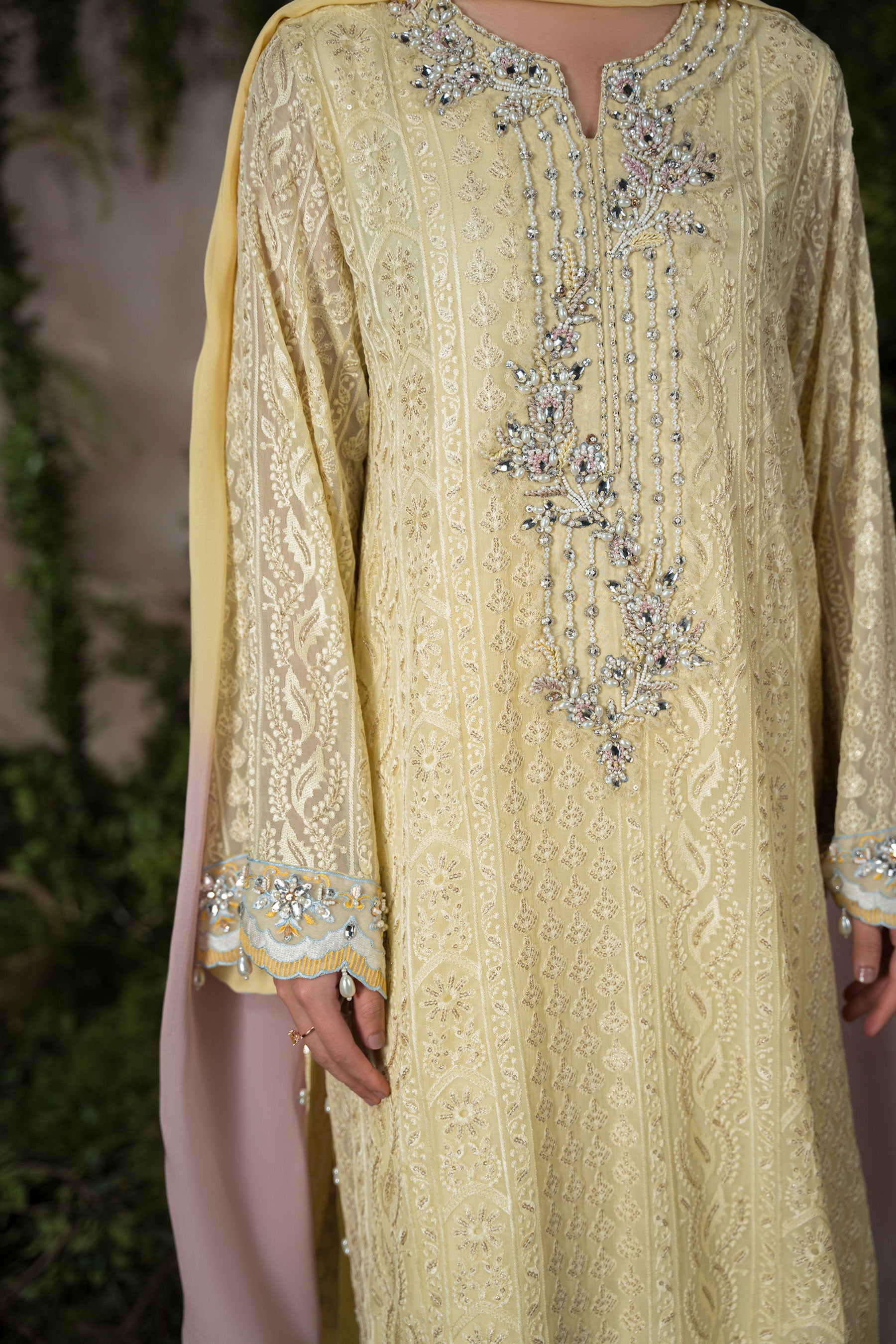 Spring Yellow Chikankari Chiffon Salwar Kameez (4-Piece) - Image 4