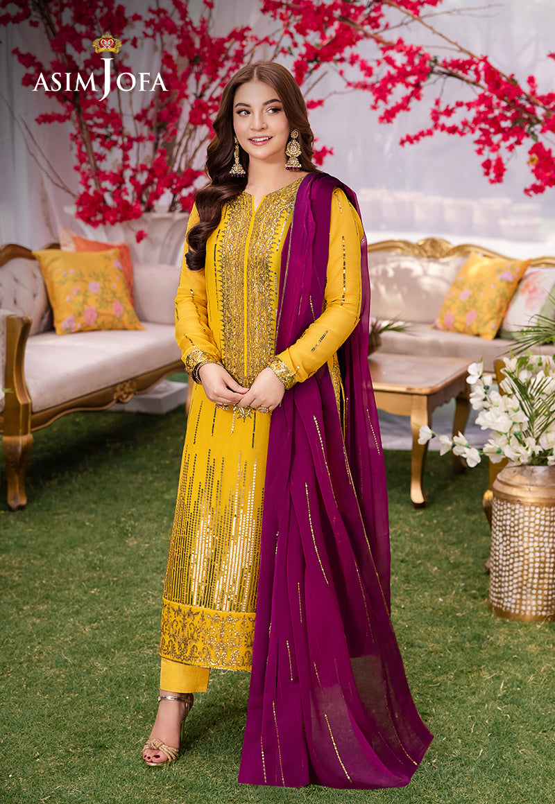 Pakistani Yellow Embroidered Chiffon & Lawn Silk 3-Piece Suit - Image 1