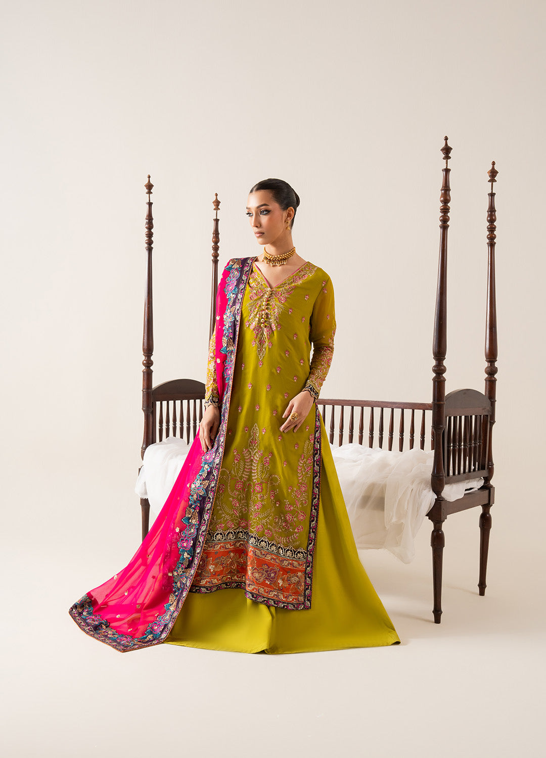 Mustard Embroidered Chiffon & Grip Salwar Kameez (3-Piece) - Image 1