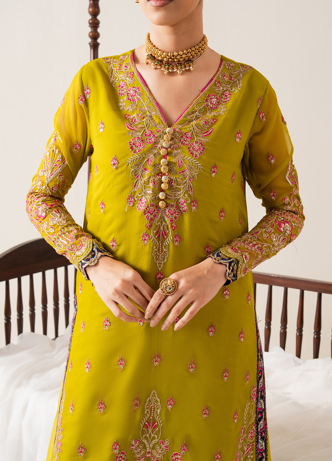 Mustard Embroidered Chiffon & Grip Salwar Kameez (3-Piece) - Image 2