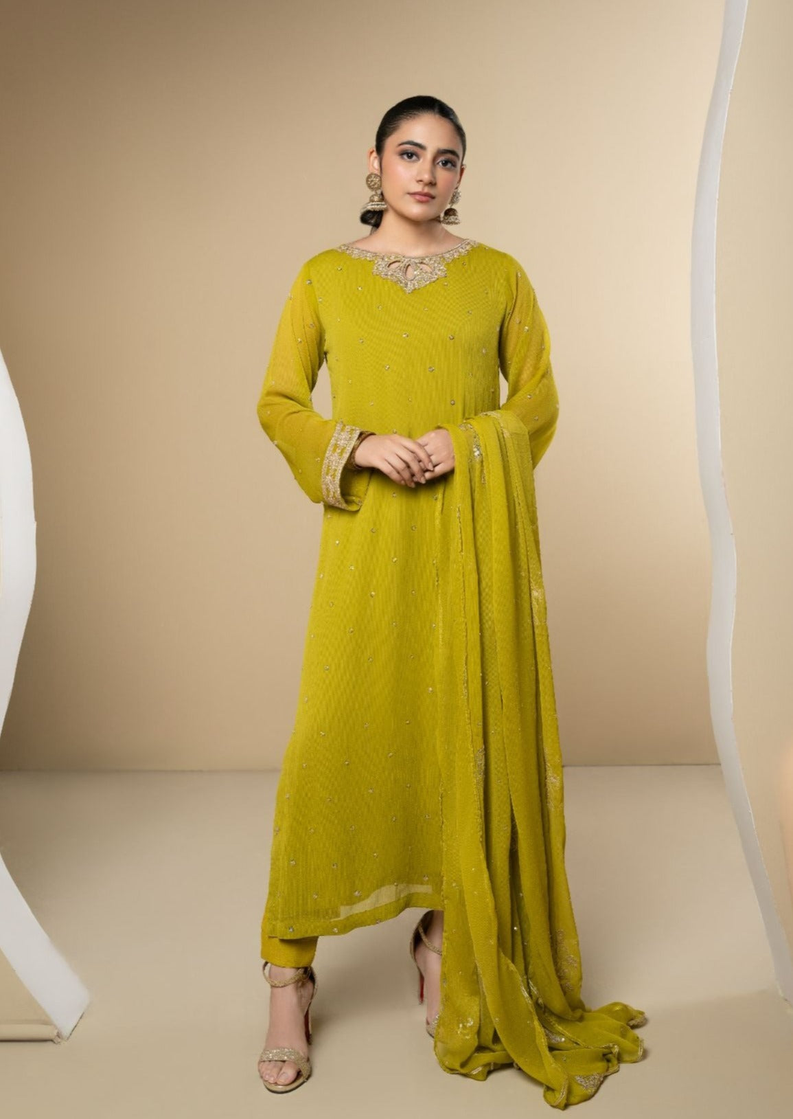Yellow Embroidered Chiffon Kurta Set (3-Piece) - Image 1