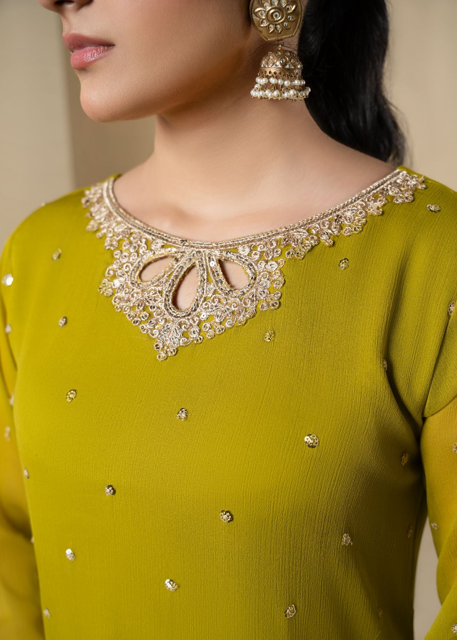 Yellow Embroidered Chiffon Kurta Set (3-Piece) - Image 2