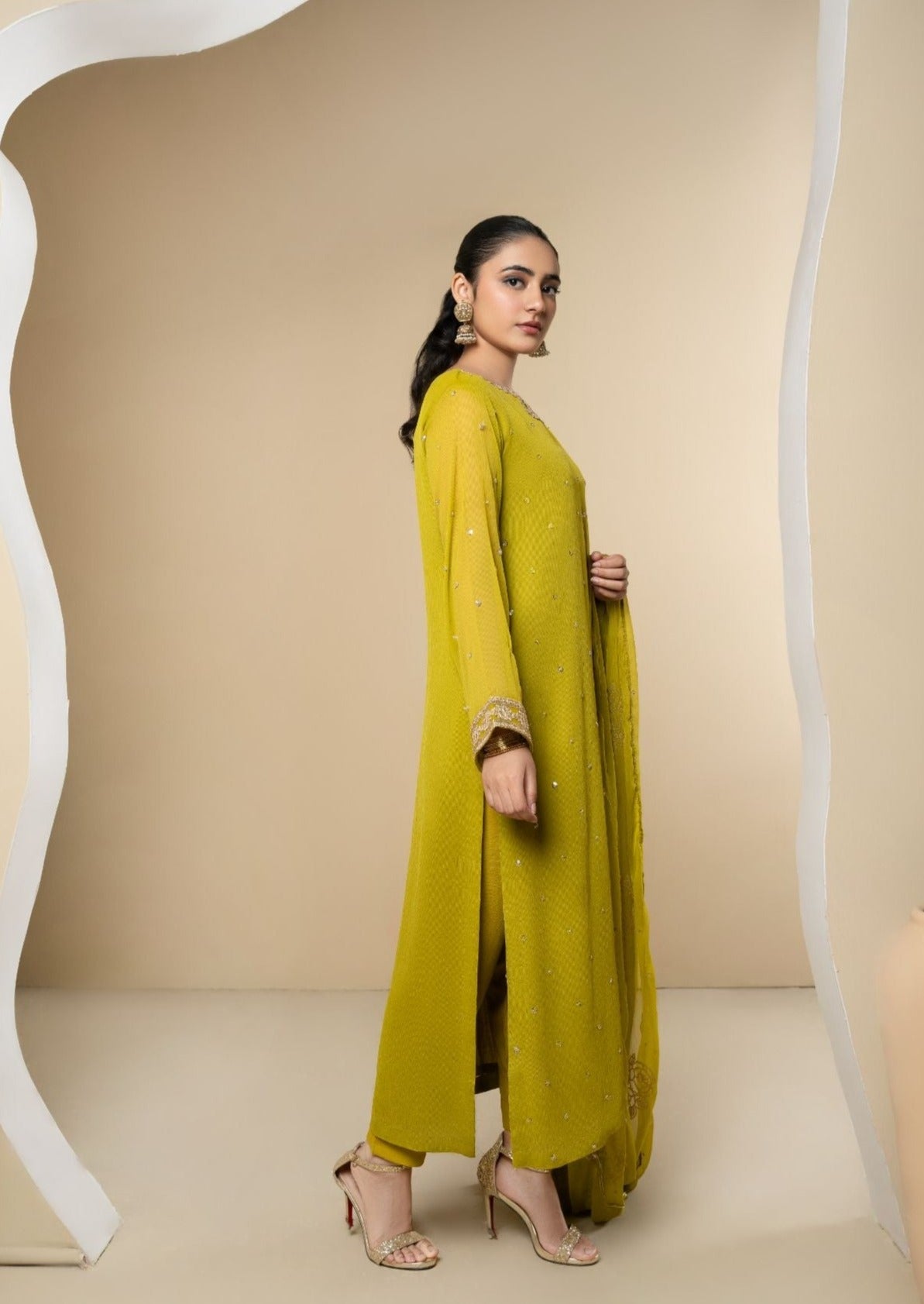 Yellow Embroidered Chiffon Kurta Set (3-Piece) - Image 3
