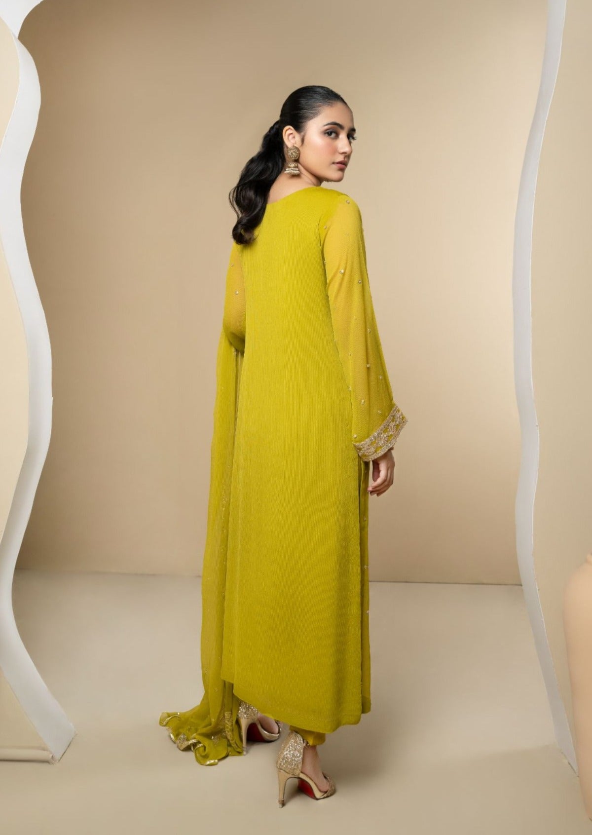 Yellow Embroidered Chiffon Kurta Set (3-Piece) - Image 4