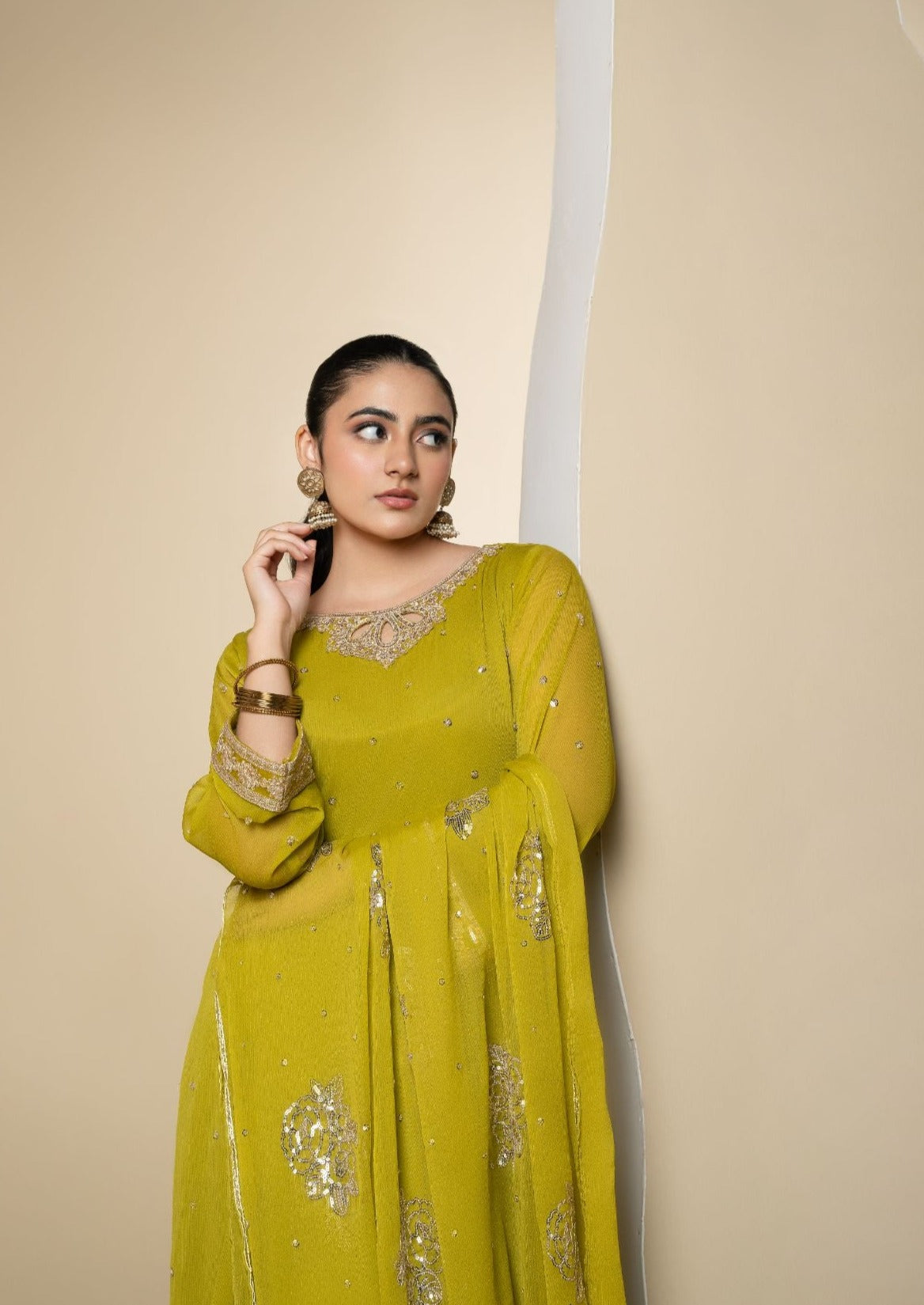 Yellow Embroidered Chiffon Kurta Set (3-Piece) - Image 5