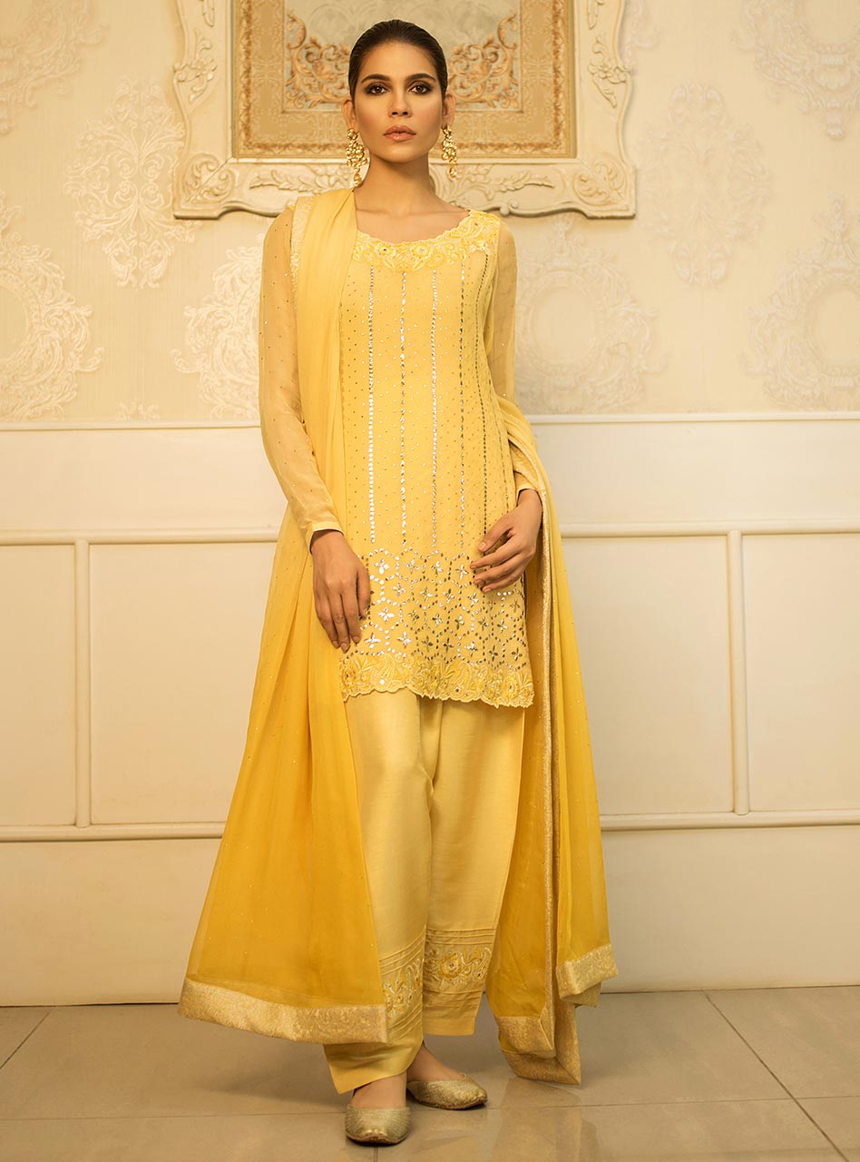 Amber Yellow Mukaish Embroidered Chiffon Salwar Kameez (3-Piece) - Image 1