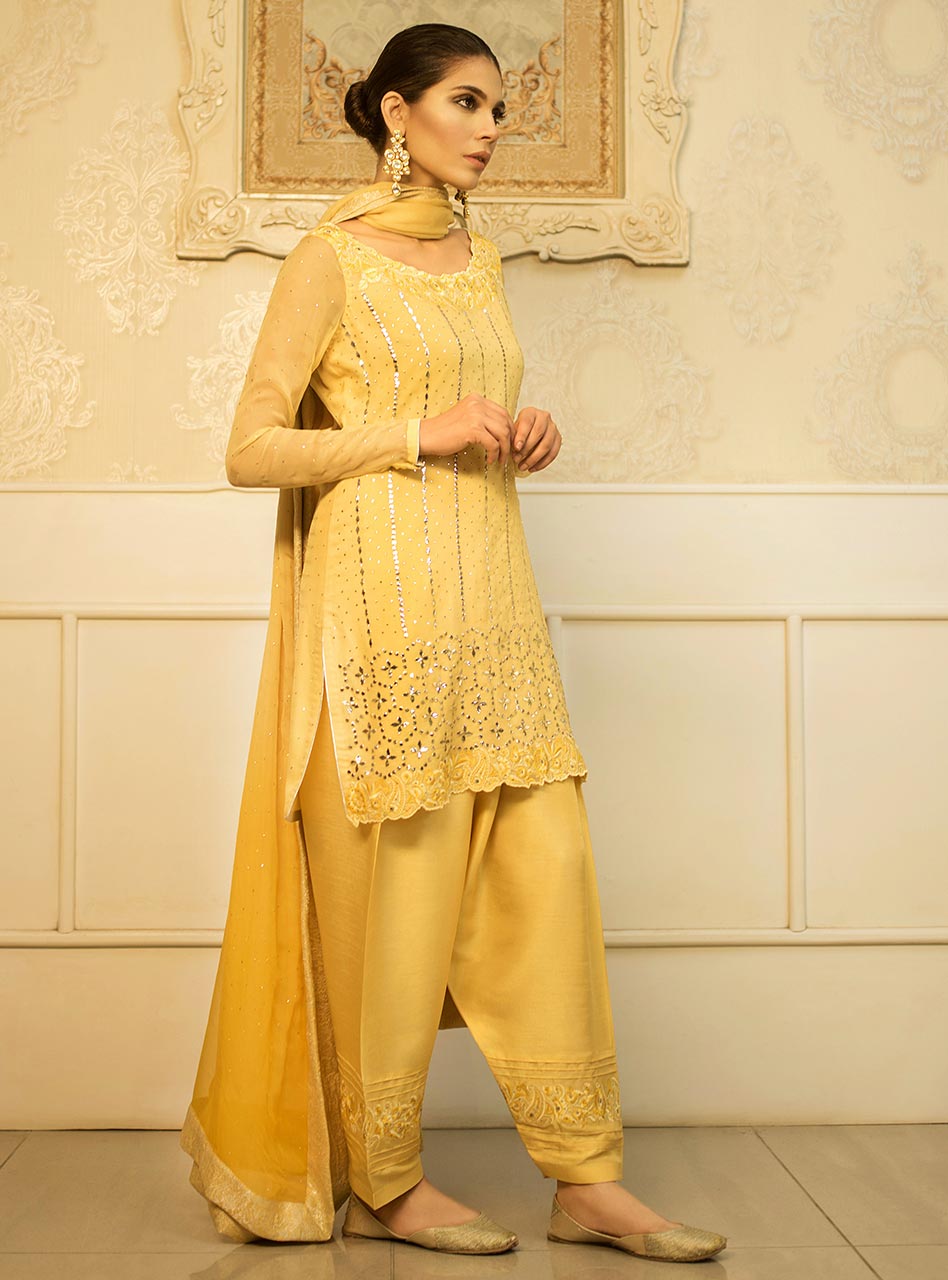Amber Yellow Mukaish Embroidered Chiffon Salwar Kameez (3-Piece) - Image 3