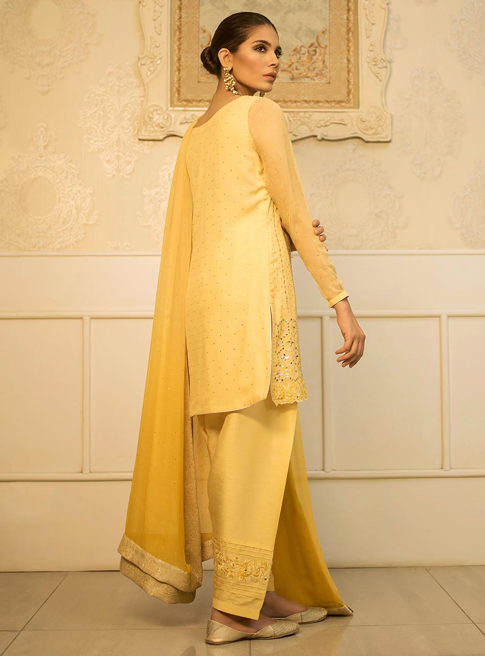 Amber Yellow Mukaish Embroidered Chiffon Salwar Kameez (3-Piece) - Image 4