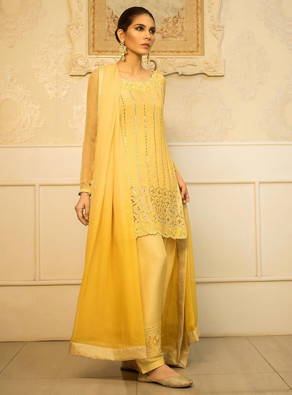 Pakistani Amber Yellow Embroidered Chiffon Salwar Kameez (3-Piece) - Image 2