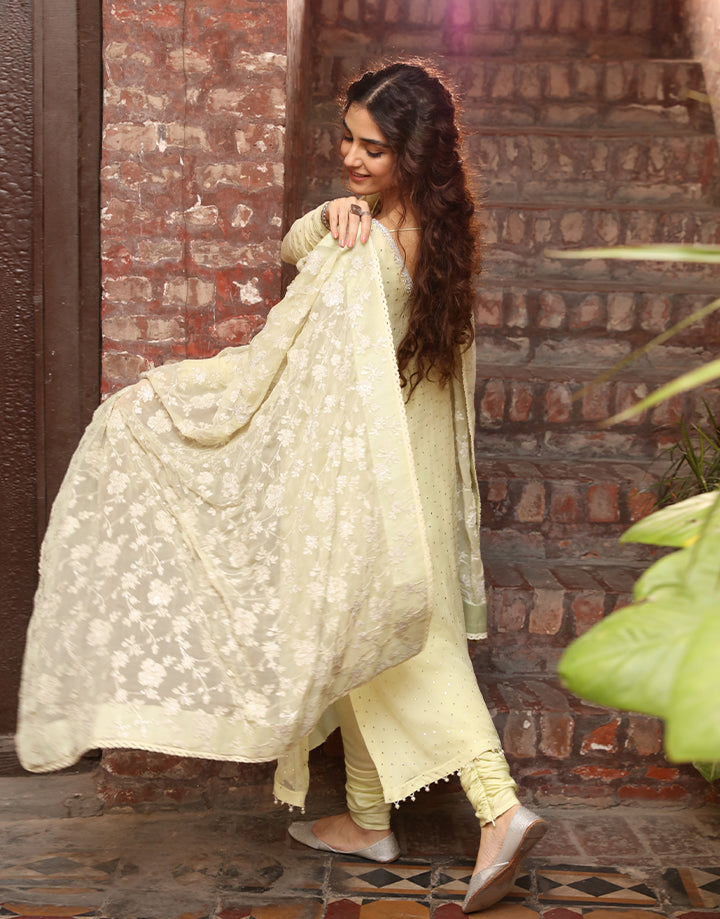 Pakistani Lime Yellow Mukesh Chiffon Salwar Kameez (3-Piece) - Image 1