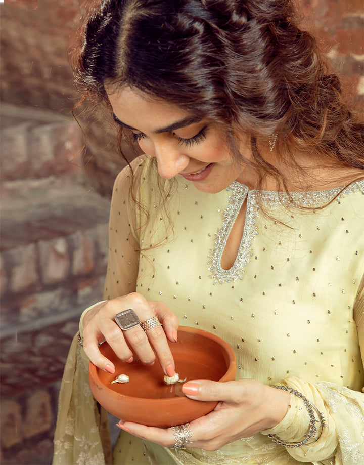 Pakistani Lime Yellow Mukesh Chiffon Salwar Kameez (3-Piece) - Image 2