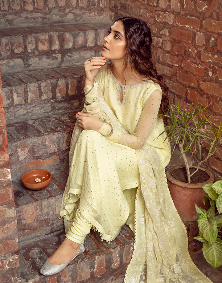 Lime Yellow Mukesh Chiffon Salwar Kameez (3-Piece) - Image 3