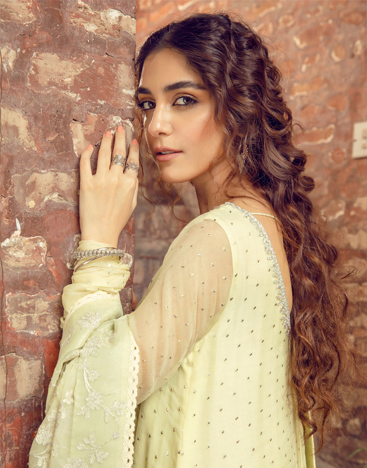 Lime Yellow Mukesh Chiffon Salwar Kameez (3-Piece) - Image 4