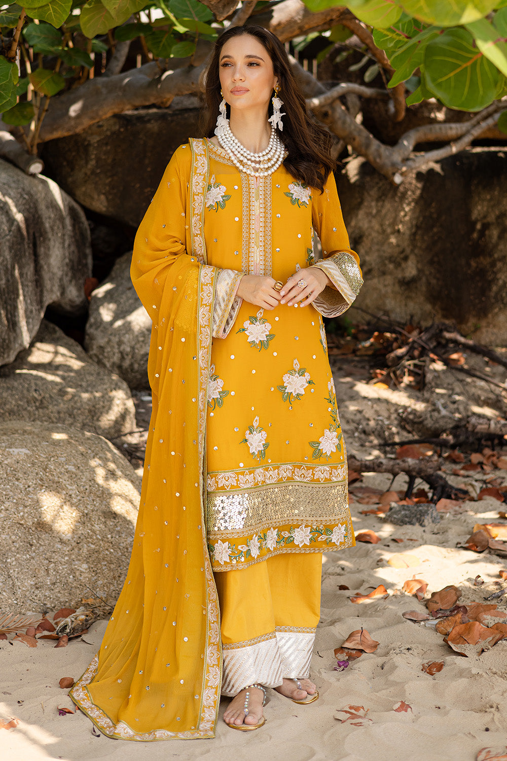 Mustard Embroidered Chiffon & Organza 3-Piece Suit - Image 1