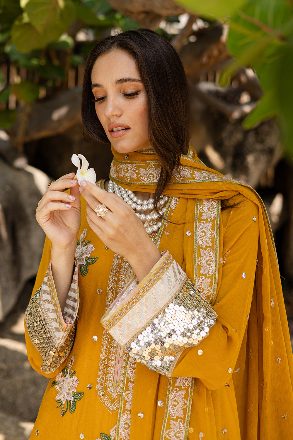 Mustard Embroidered Chiffon & Organza 3-Piece Suit - Image 2
