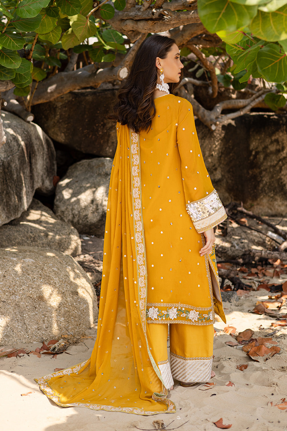 Mustard Embroidered Chiffon & Organza 3-Piece Suit - Image 3