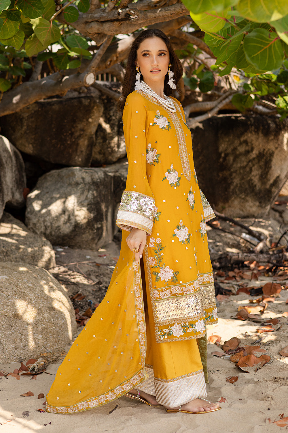 Mustard Embroidered Chiffon & Organza 3-Piece Suit - Image 4
