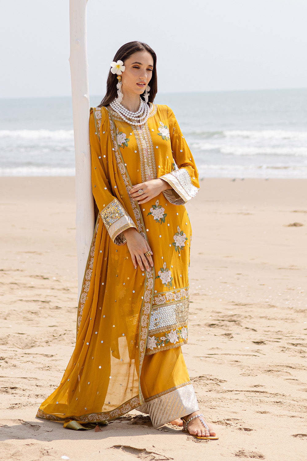Mustard Embroidered Chiffon & Organza 3-Piece Suit - Image 5
