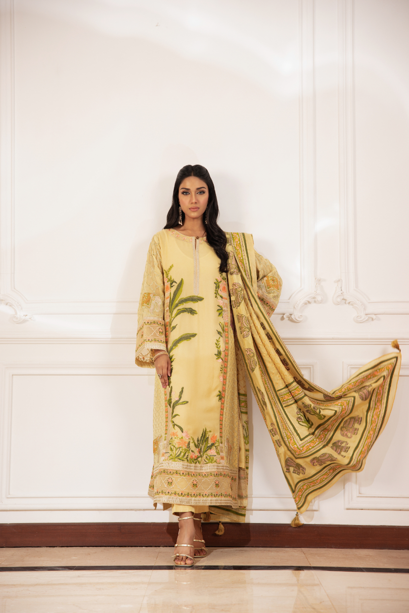 Pakistani Yellow Embroidered Chiffon & Silk Salwar Kameez (3-Piece) - Image 2