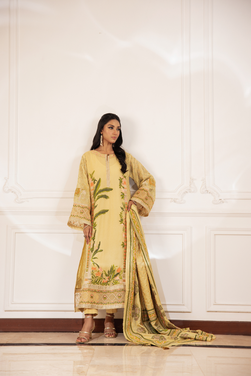 Pakistani Yellow Embroidered Chiffon & Silk Salwar Kameez (3-Piece) - Image 3