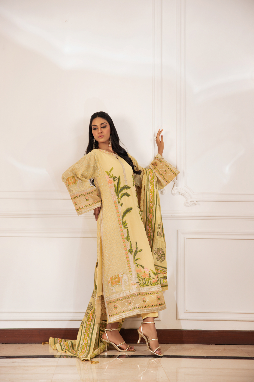 Pakistani Yellow Embroidered Chiffon & Silk Salwar Kameez (3-Piece) - Image 4
